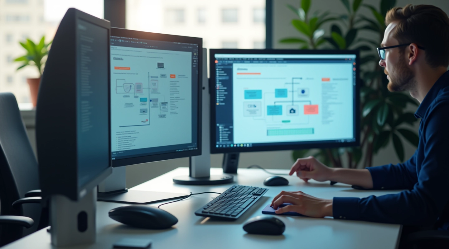 Biuro stalas su dviem monitoriais, rodantis RPA automatizavimo programos sąsają ir darbo eigą