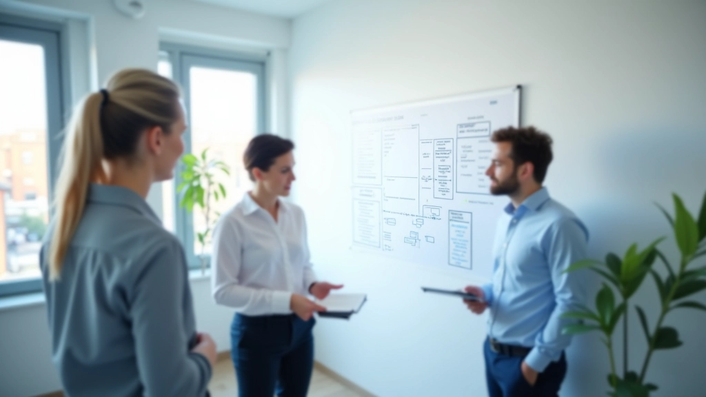Komanda aptaria automatizavimo strategiją prie lentos su diagrama